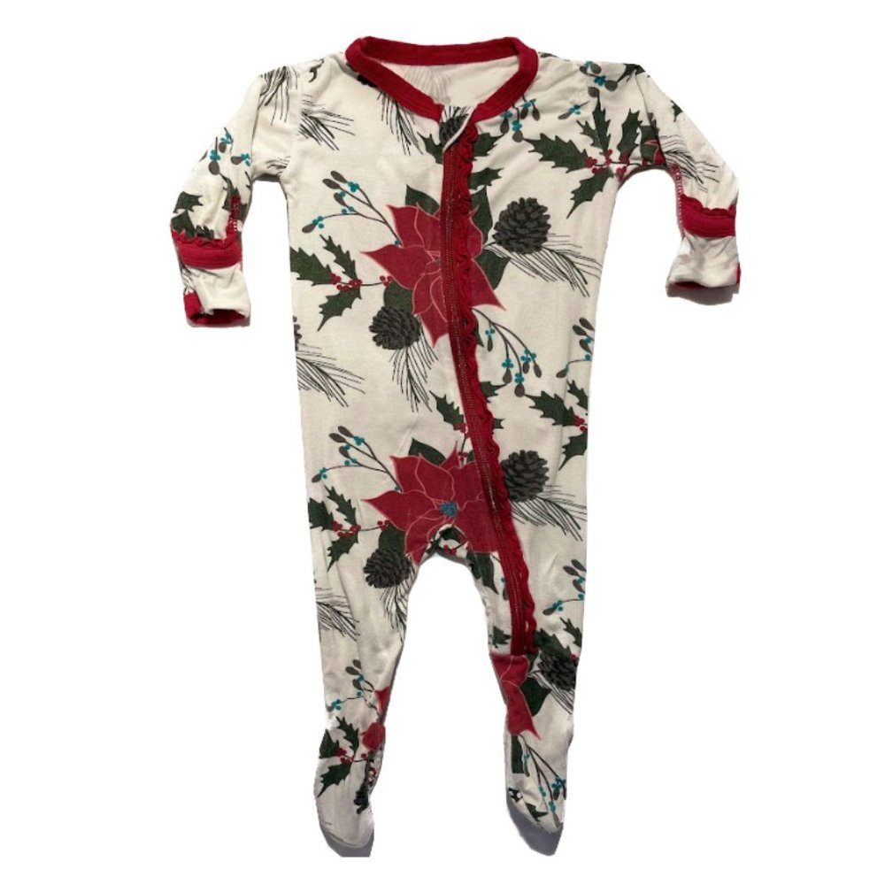 Little Sleepies Zippy Pajamas (holiday poinsetti), Size 0-3 Months. Lightly worn